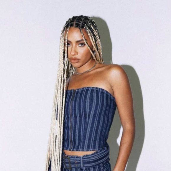 Princess Polly Fernley Blue White Denim Striped Strapless Bustier Top 2 - Picture 2 of 12